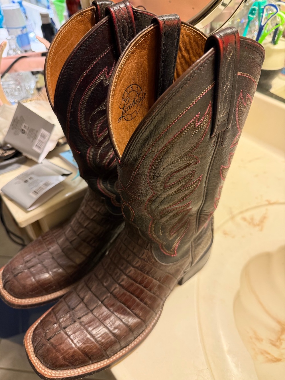 Lucchese Tan and Dark Brown Leather Cowboy Boots with Red Accents